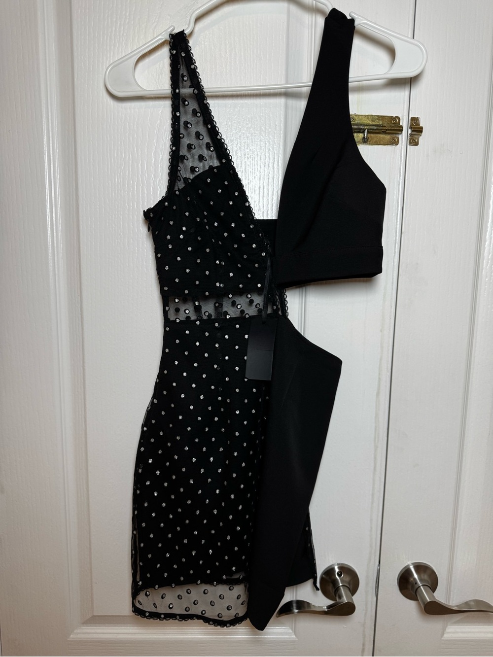 Hours Laeticia Mini Dress Black Silver Glitter Polka Dot Cutout Mesh Size XS - Picture 3 of 7